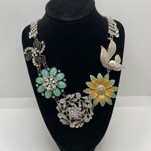 Vintage Boho Silver Tone Floral Bib Necklace Bold Statement Jewelry 20"